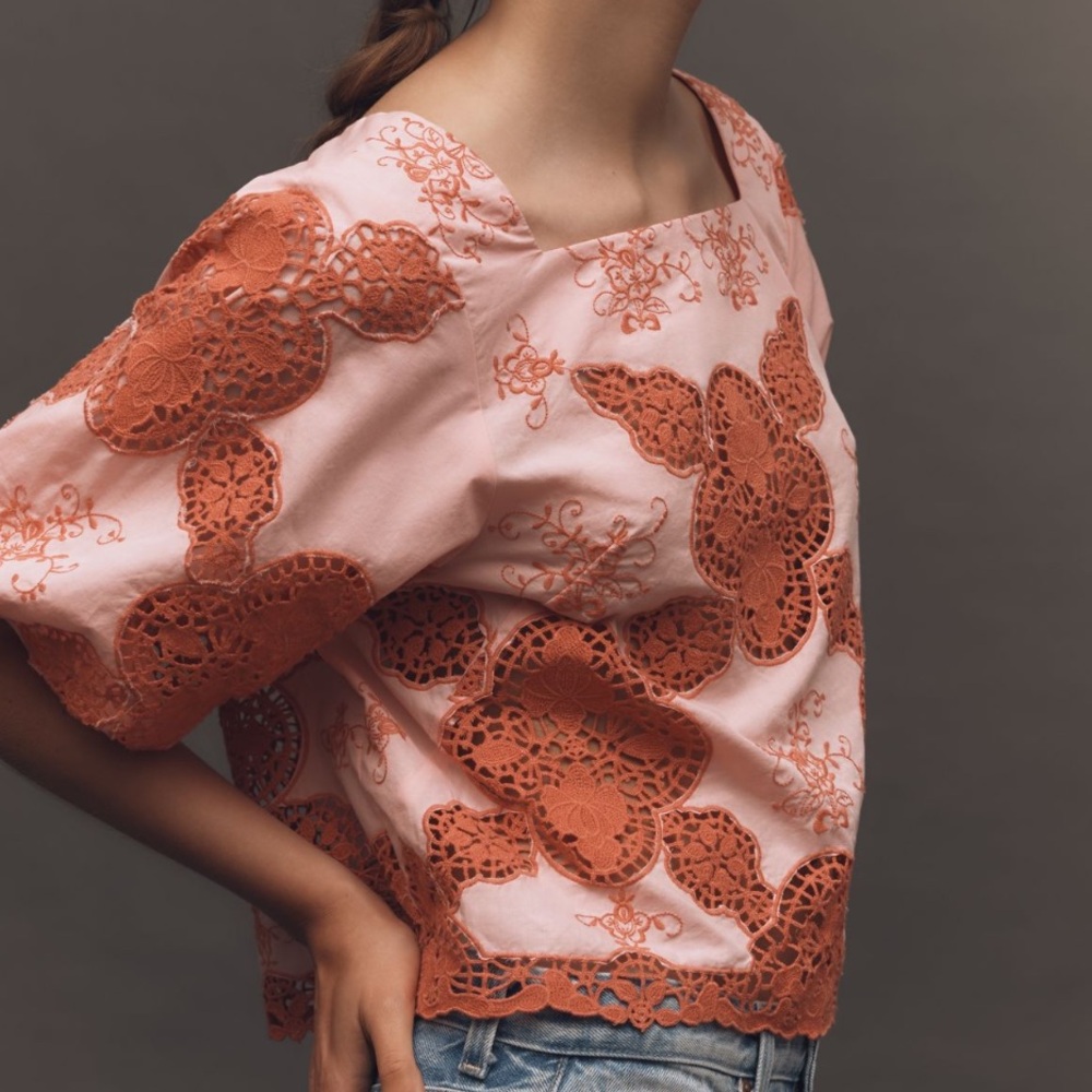 Anthropologie Cotton Puff-Sleeved Cutwork Blouse - Picture 3 of 12